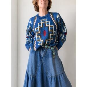 Vintage Sweater Womens Size Medium Cotton Southwestern Print Heavy Knit Classic